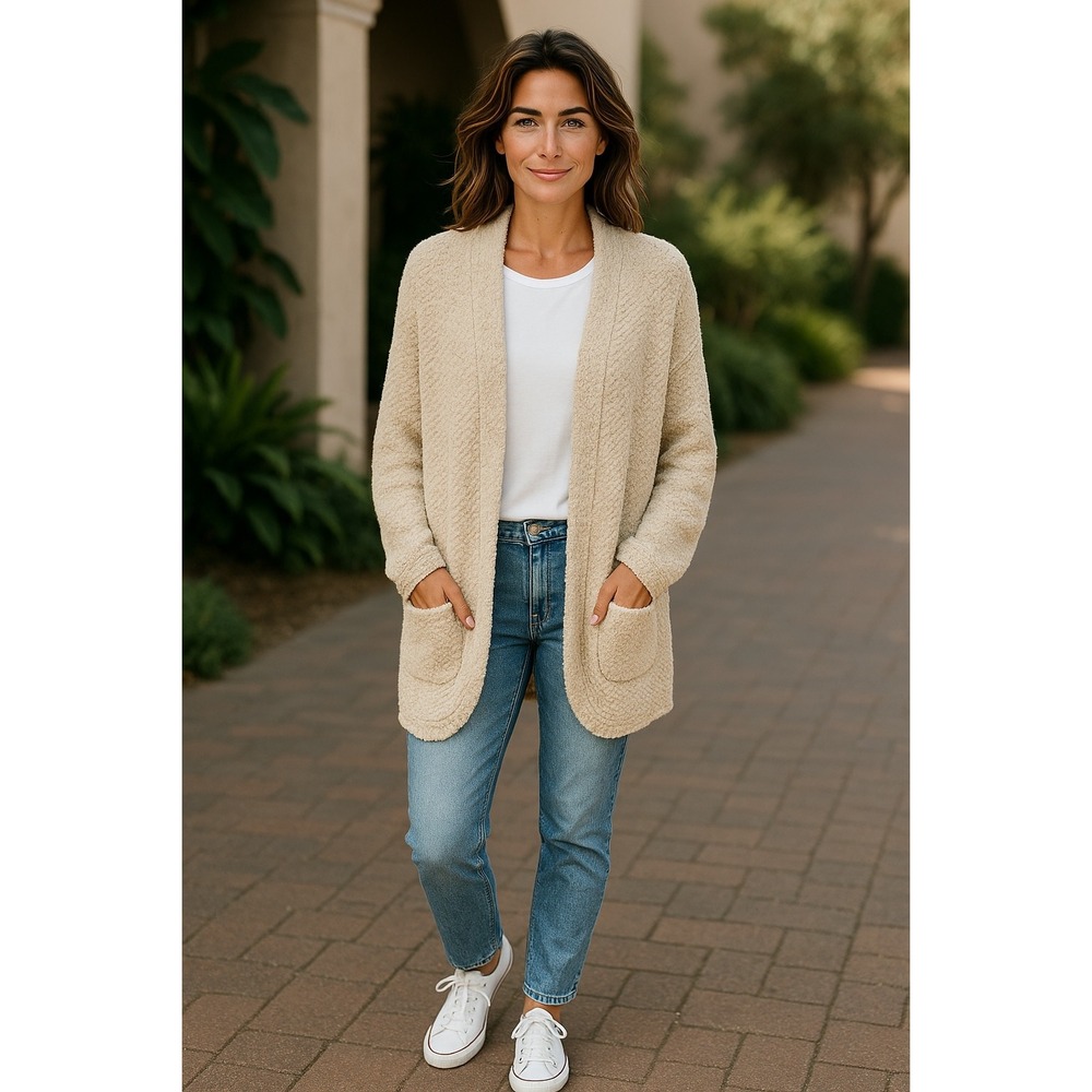 Umgee USA Women's Small Beige Popcorn Knit Open Front Cardigan Sweater‎ S